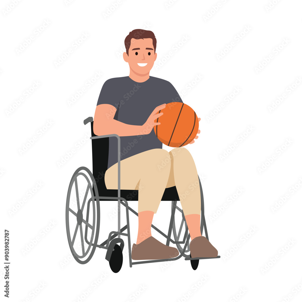 Fototapeta premium Young Athlete playing basketball sitting in wheelchair. Flat vector illustration isolated on white background