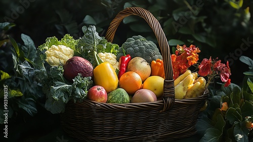 A basket filled with fresh fruits and vegetables straight from nature's garden.
