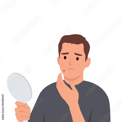 Young man with acne problem looking in mirror. Flat vector illustration isolated on white background