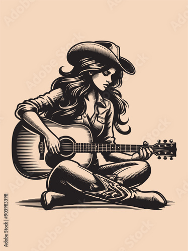Beautiful young cowgirl woman plays the guitar. Engraving vintage vector illustration, monochrome black color. Woodcut	