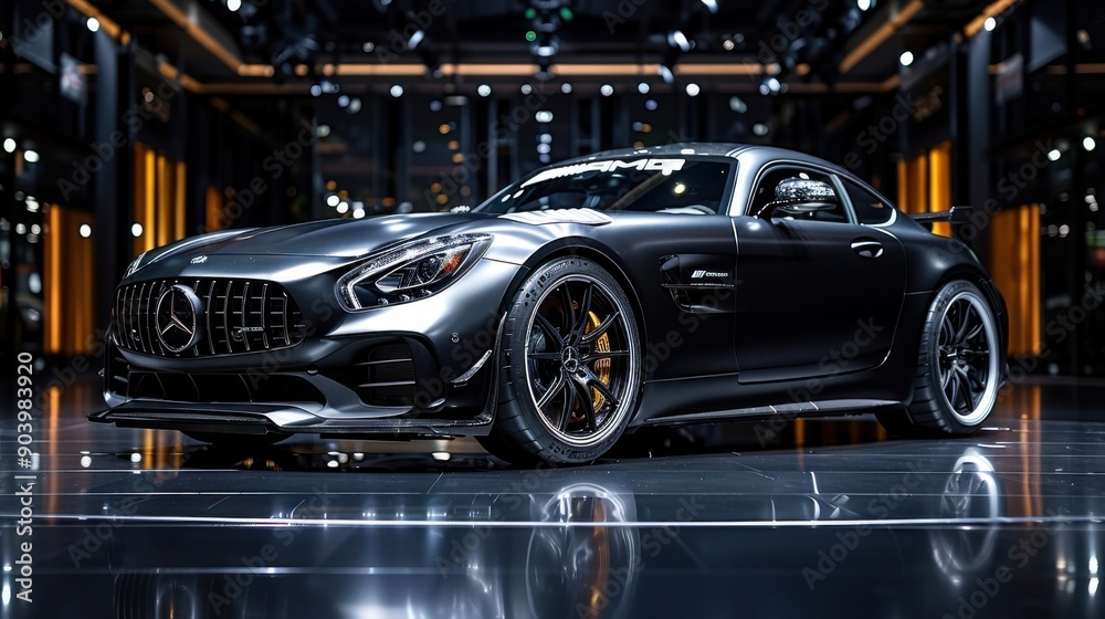 Sleek black sports car showcased in a modern exhibition setting, highlighting luxury and performance. Sleek black sports car showcased in a modern exhibition setting, highlighting luxury and performance.