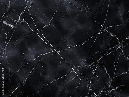Black marble texture with white veins, abstract background.