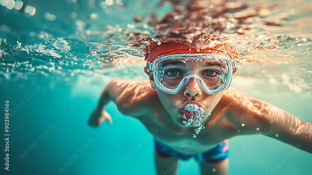 Naklejka premium A boy in swim trunks and a lifeguard hat swims in turquoise water, blowing bubbles from his nose during an Ironman competition.