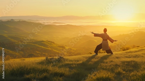 Peaceful Tai Chi Practice at Sunrise in a Serene Mountain Landscape for Wellness, Meditation, and Tranquility Concepts photo