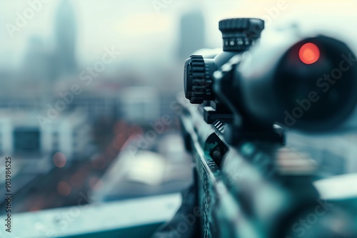 close up assault rifle on the rooftop of the building, assassin, US flag visible photo