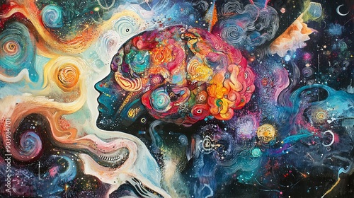 A colorful artwork shows a brain with swirling shapes and symbols. This piece explores the connection between mental health and dreams, using modern art and neuroscience.