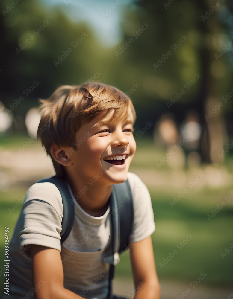 Portrait of a young boy in a playful mood, who is smiling and enjoying a sunny day in a park.
