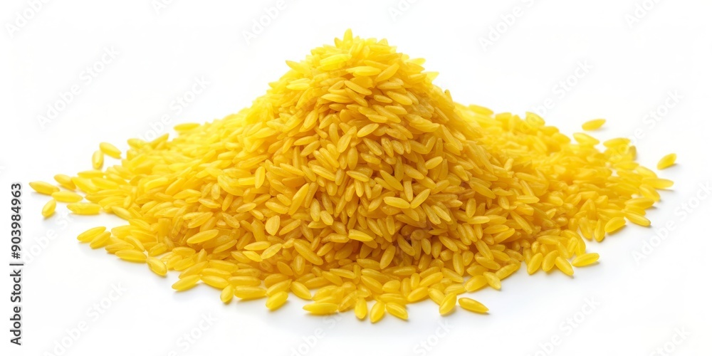 Fototapeta premium Vibrant yellow illustration of arrowhead-shaped rice grains scattered on a white background, symbolizing abundance, prosperity, and Asian culinary culture.