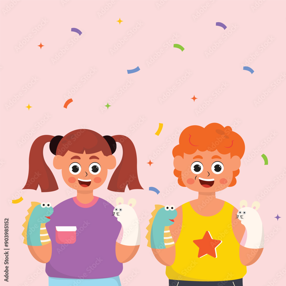illustration of a performance by a small child playing puppets, with cute animal puppets in his hands, cute character illustrations illustration of a performance by a small child playing puppets, with cute animal puppets in his hands, cute character illustrations