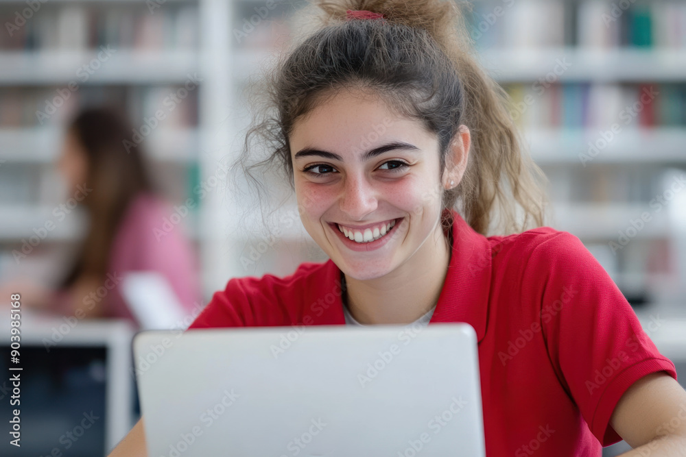 French student girl happy study using laptop at school library