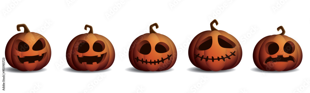 Fototapeta premium 3D Halloween pumpkins various face isolated graphic illustration.