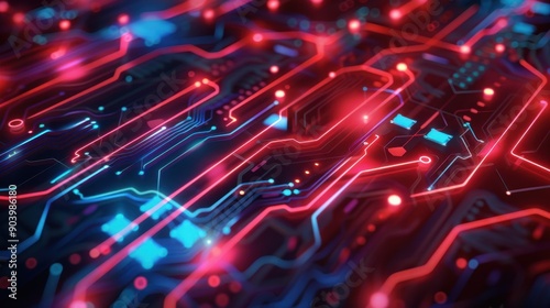Futuristic Circuit Board with Glowing Red and Blue Connections