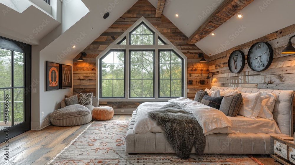 Fototapeta premium Rustic Modern Attic Bedroom with Large Window. Elegant attic bedroom combining rustic charm with modern design, featuring a large window, plush bedding, and warm lighting.