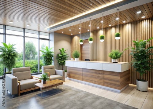 Modern hospital reception area with sleek wooden counter, comfortable seating, and calming decor awaiting patients, surrounded by natural light and healthy green plants.