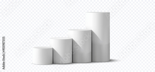 A 3D illustration of four ascending cylindrical podiums rendered in low poly style with a transparent background. These podiums are perfect for showcasing products, presentations.