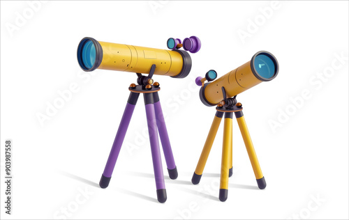 A realistic 3D illustration of two colorful telescopes with purple and yellow tripods, isolated on a white background. Ideal for themes related to astronomy, exploration, and science.