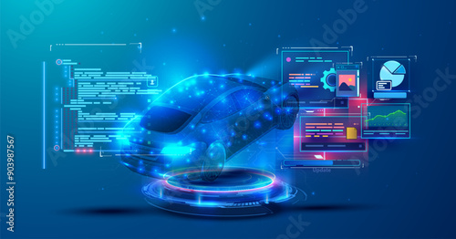 A futuristic 3D illustration of a car surrounded by digital interface elements and data graphs, representing smart automotive technology and innovation, isolated on a blue background.