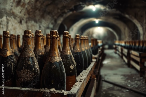Champagne factory storehouse in old cellar. Bottle of sparkling wine in cellar. Winery production. Generated AI