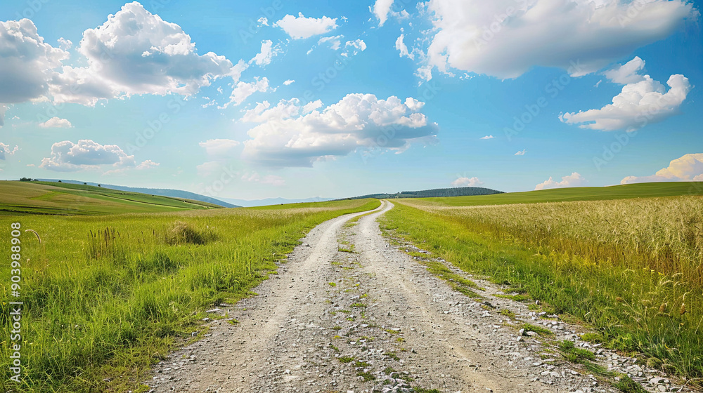 Country Gravel Road through Green Wheat Fields, Natural Landscape, Blue Sky with Clouds, Rural Scenery, Agricultural Area, Countryside Road, Scenic Farmland, Beautiful Outdoor View Country Gravel Road through Green Wheat Fields, Natural Landscape, Blue Sky with Clouds, Rural Scenery, Agricultural Area, Countryside Road, Scenic Farmland, Beautiful Outdoor View