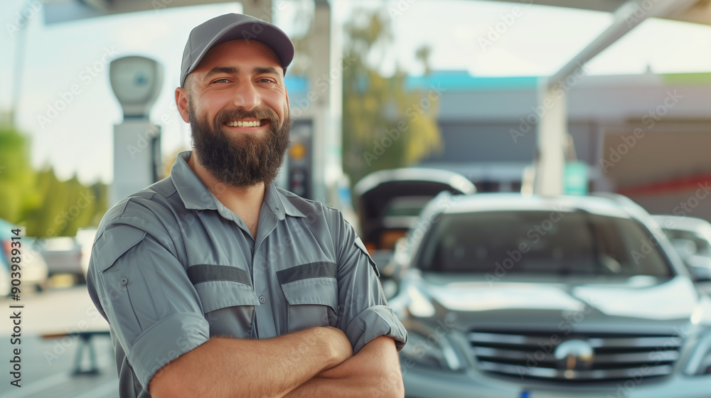 Gas Station Worker in Gray Uniform and Cap Smiling at Camera - Bearded Man with Luxurious Modern Car and Fuel Pumps in Background Photo Gas Station Worker in Gray Uniform and Cap Smiling at Camera - Bearded Man with Luxurious Modern Car and Fuel Pumps in Background Photo