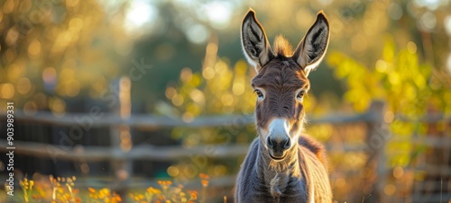 Young donkey in the field. A charming young donkey stands in a sunlit field, with curious eyes and a fluffy coat framed by a rustic fence and soft bokeh background.