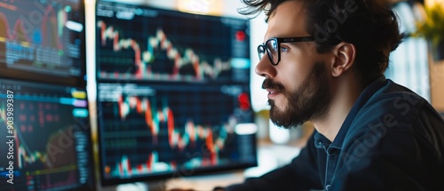 Trader looking at trading charts on his computer in a modern office.