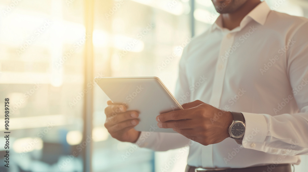 Professional Businessman Using Digital Tablet and Laptop in Office - Efficient Work Environment with Technology Photo Professional Businessman Using Digital Tablet and Laptop in Office - Efficient Work Environment with Technology Photo