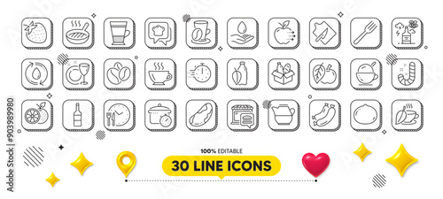 Candy, Wine and Food time line icons pack. 3d design elements. Macadamia nut, Fork, Alcohol addiction web icon. Brazil nut, Water care, Ice cream pictogram. Apple, Orange, Coffee. Vector