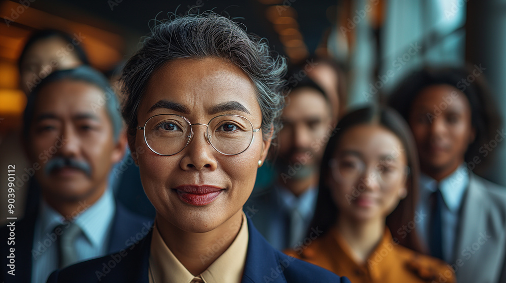 A woman with glasses is smiling at the camera. She is surrounded by other people, some of whom are wearing ties. Concept of professionalism and confidence A woman with glasses is smiling at the camera. She is surrounded by other people, some of whom are wearing ties. Concept of professionalism and confidence