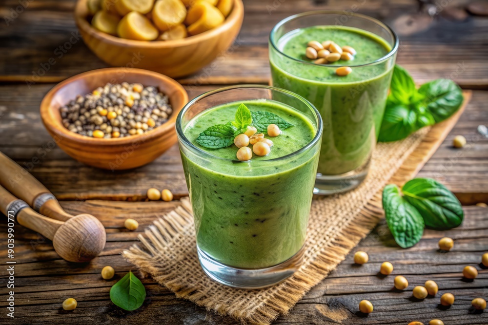 Fresh green protein smoothie made with spinach, chickpeas, and banana, garnished with chia seeds and fresh mint leaves, on a rustic wooden breakfast table. Fresh green protein smoothie made with spinach, chickpeas, and banana, garnished with chia seeds and fresh mint leaves, on a rustic wooden breakfast table.