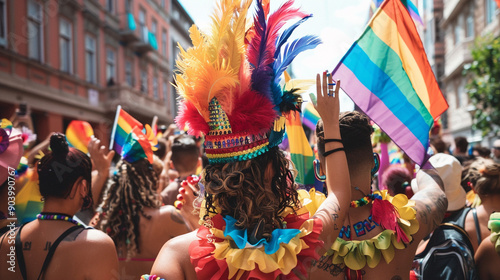 A vibrant Pride Month parade, with colorful floats