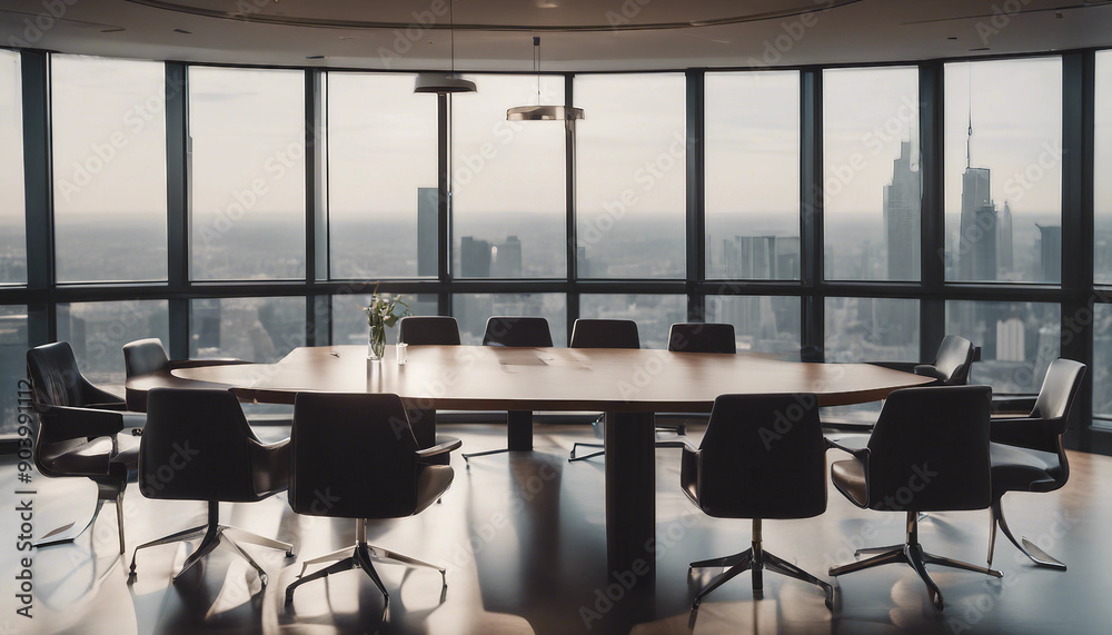 Sophisticated meeting room with a long table, chairs, and a cityscape view
Sophisticated meeting room with a long table, chairs, and a cityscape view