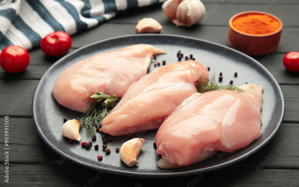 Raw chicken fillet on plate with tomato, spices and dill on black background. Top view Raw chicken fillet on plate with tomato, spices and dill on black background. Top view