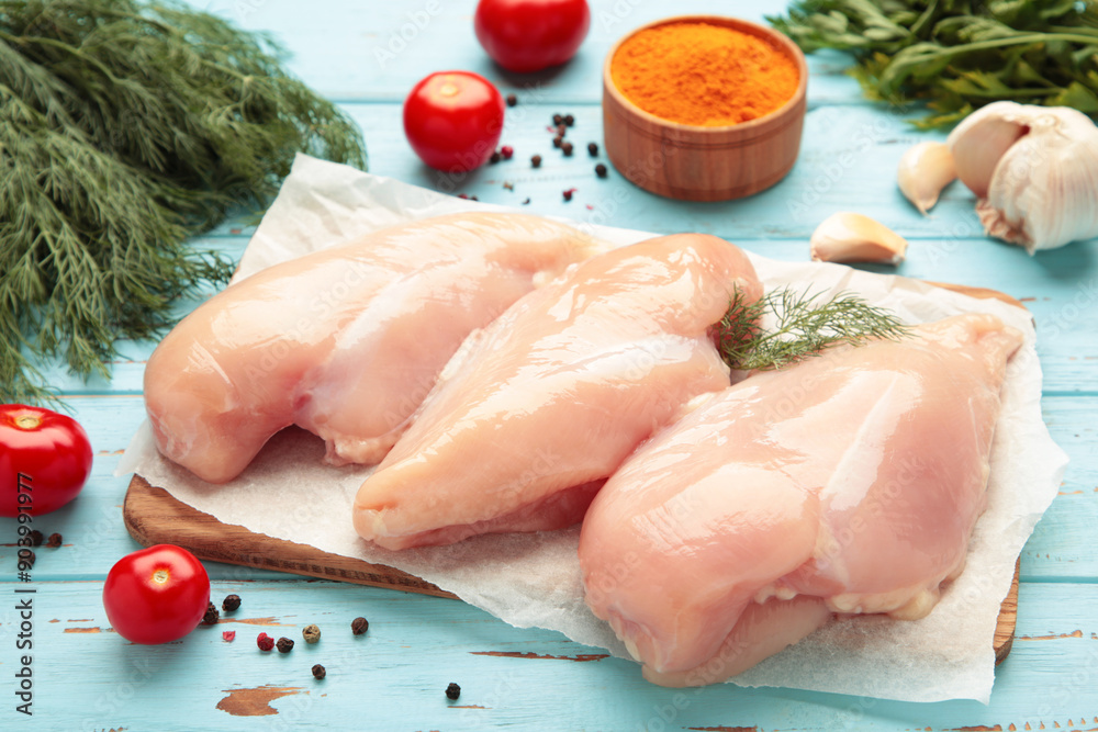 Raw chicken fillet on a cutting board with tomato, spices and dill on blue wooden background. Top view Raw chicken fillet on a cutting board with tomato, spices and dill on blue wooden background. Top view