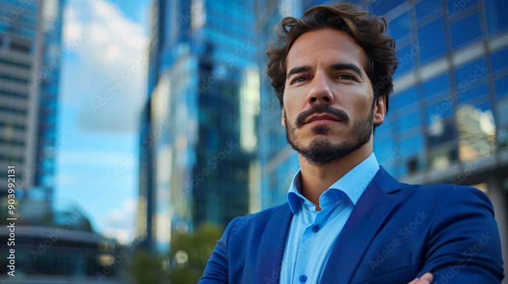 Well dressed businessman with arms crossed, with a business building in the background. Well dressed businessman with arms crossed, with a business building in the background.