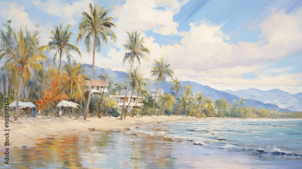 Obraz premium Tropical beach landscape with palm trees and crystal clear water in summer