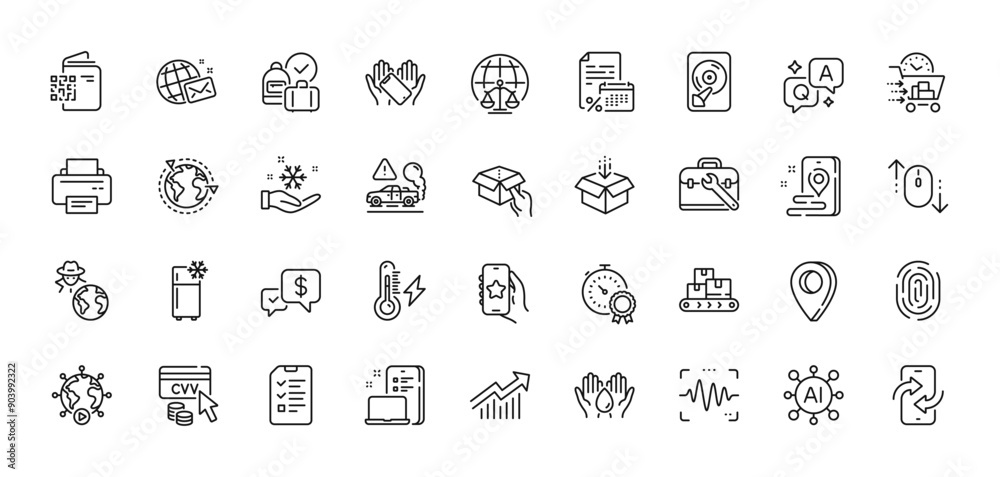 World mail, Wholesale goods and Hold box line icons pack. AI, Question and Answer, Map pin icons. Qr code, Get box, Refrigerator web icon. Cvv code, Hdd, Demand curve pictogram. Vector