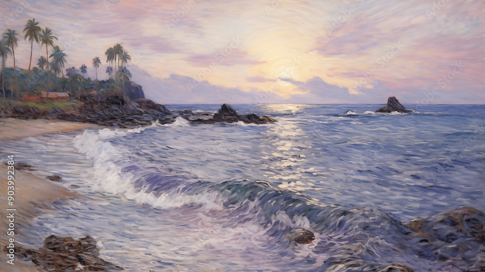 Obraz premium Peaceful impressionist beach landscape at sunset
