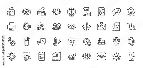 World mail, Wholesale goods and Hold box line icons pack. AI, Question and Answer, Map pin icons. Qr code, Get box, Refrigerator web icon. Cvv code, Hdd, Demand curve pictogram. Vector
