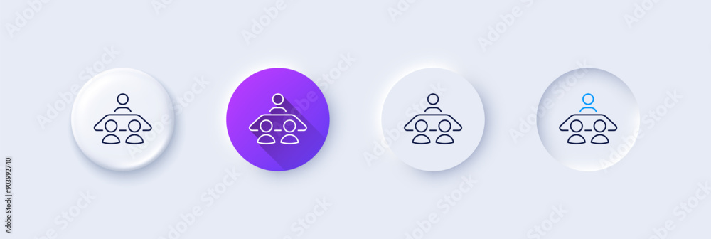 Interview job line icon. Neumorphic, Purple gradient, 3d pin buttons. Business management sign. Human resources symbol. Line icons. Neumorphic buttons with outline signs. Vector Interview job line icon. Neumorphic, Purple gradient, 3d pin buttons. Business management sign. Human resources symbol. Line icons. Neumorphic buttons with outline signs. Vector