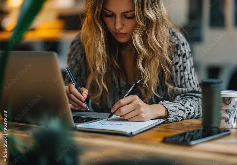 Female Entrepreneur Writing Ideas in Notebook at Desk with Laptop and Smartphone, Close-Up of Hand Holding Pen, Focus on Hands Working in Office Environment Female Entrepreneur Writing Ideas in Notebook at Desk with Laptop and Smartphone, Close-Up of Hand Holding Pen, Focus on Hands Working in Office Environment