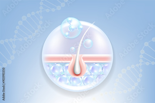 Hyaluronic acid and Niacinamide gray hair and skin solutions ad, blue collagen serum drops into skin cell with cosmetic advertising background ready to use, illustration vector.	
