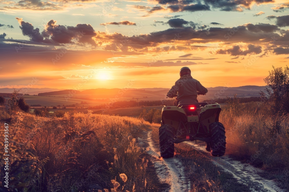 A small all-terrain vehicle is driving forward at dusk along a picturesque rural path. A small all-terrain vehicle is driving forward at dusk along a picturesque rural path.