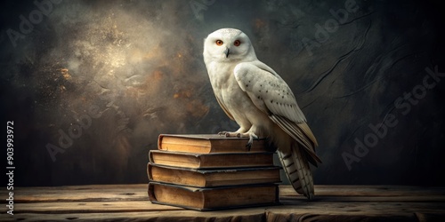 Majestic white owl perched on stack of worn, vintage books, surrounded by dimly lit, rustic ambiance, with ample copy space for text or designs.