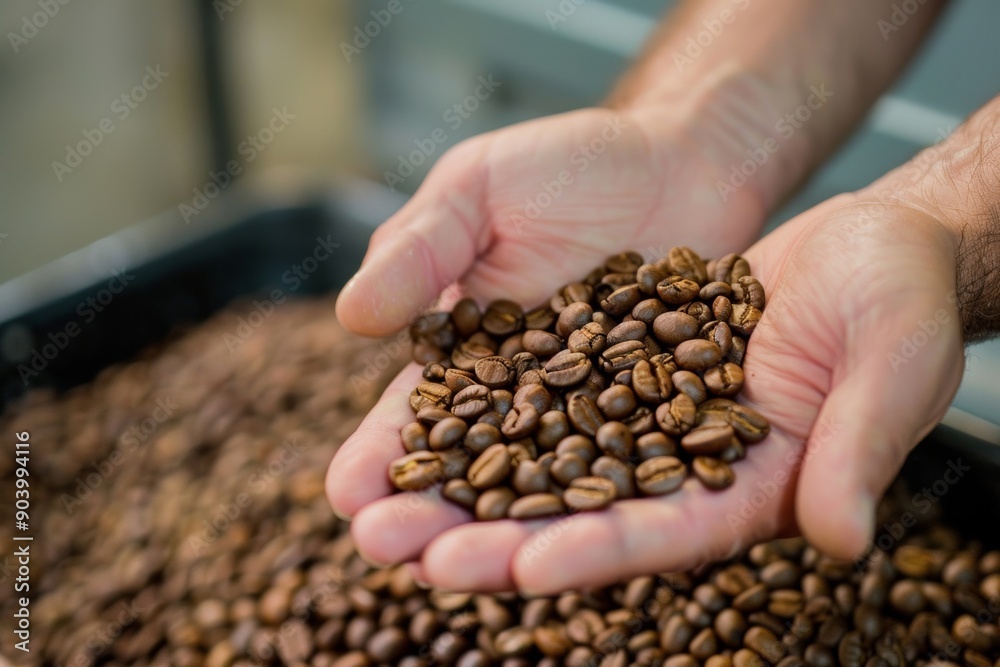 Coffee beans after roasting. In the hands of a man. Checking the beans Coffee beans after roasting. In the hands of a man. Checking the beans