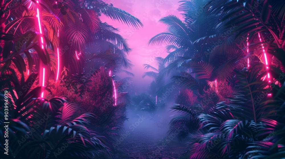 A dynamic 3D illustration of a neon frame surrounding a tropical jungle, with neon lights pulsating and changing colors. The neon lights create a sense of movement and energy in the image. A dynamic 3D illustration of a neon frame surrounding a tropical jungle, with neon lights pulsating and changing colors. The neon lights create a sense of movement and energy in the image.