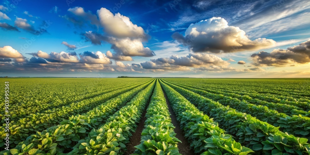 Vast soybean farm stretches towards the horizon, a sea of lush green, under a brilliant blue sky with a few puffy white clouds scattered above.