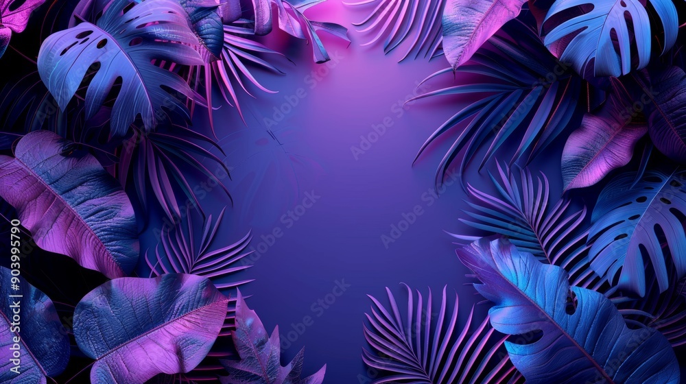 Naklejka premium A creative frame illustration combining neon elements with tropical leaf silhouettes, creating a visually striking and modern design.