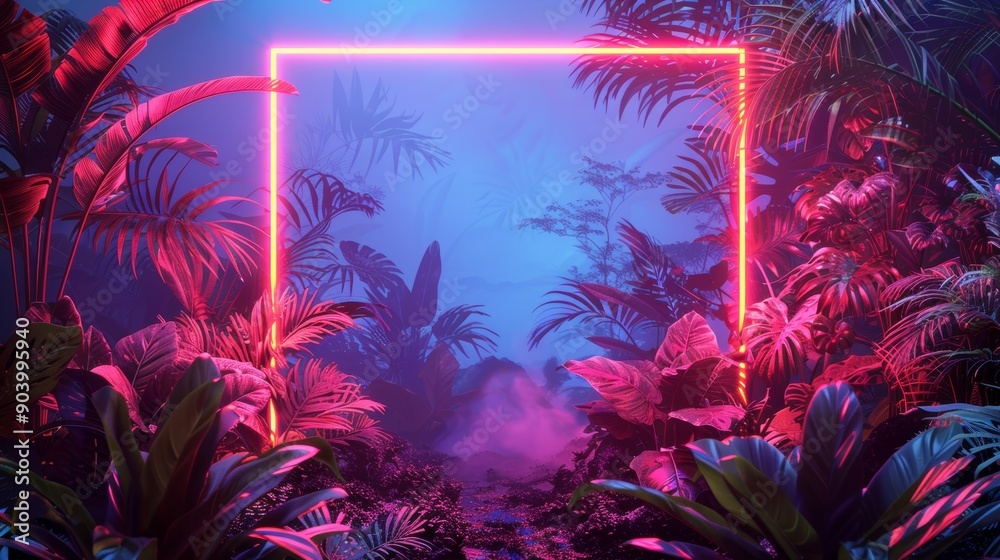 A vibrant neon frame surrounds a lush jungle scene, with neon foliage creating a surreal and mesmerizing atmosphere. A vibrant neon frame surrounds a lush jungle scene, with neon foliage creating a surreal and mesmerizing atmosphere.