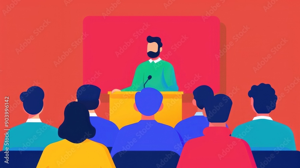 Flat design of an educational seminar or conference with a speaker presenting on a podium in front of an audience of students or attendees The image depicts a group setting for learning teaching Flat design of an educational seminar or conference with a speaker presenting on a podium in front of an audience of students or attendees The image depicts a group setting for learning teaching